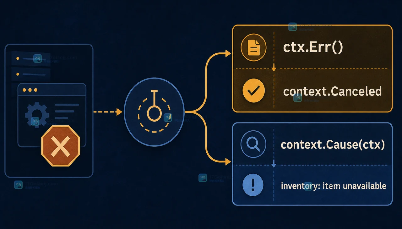 Go context.Err 与 context.Cause 分别保留取消类别和业务根因的请求链示意图