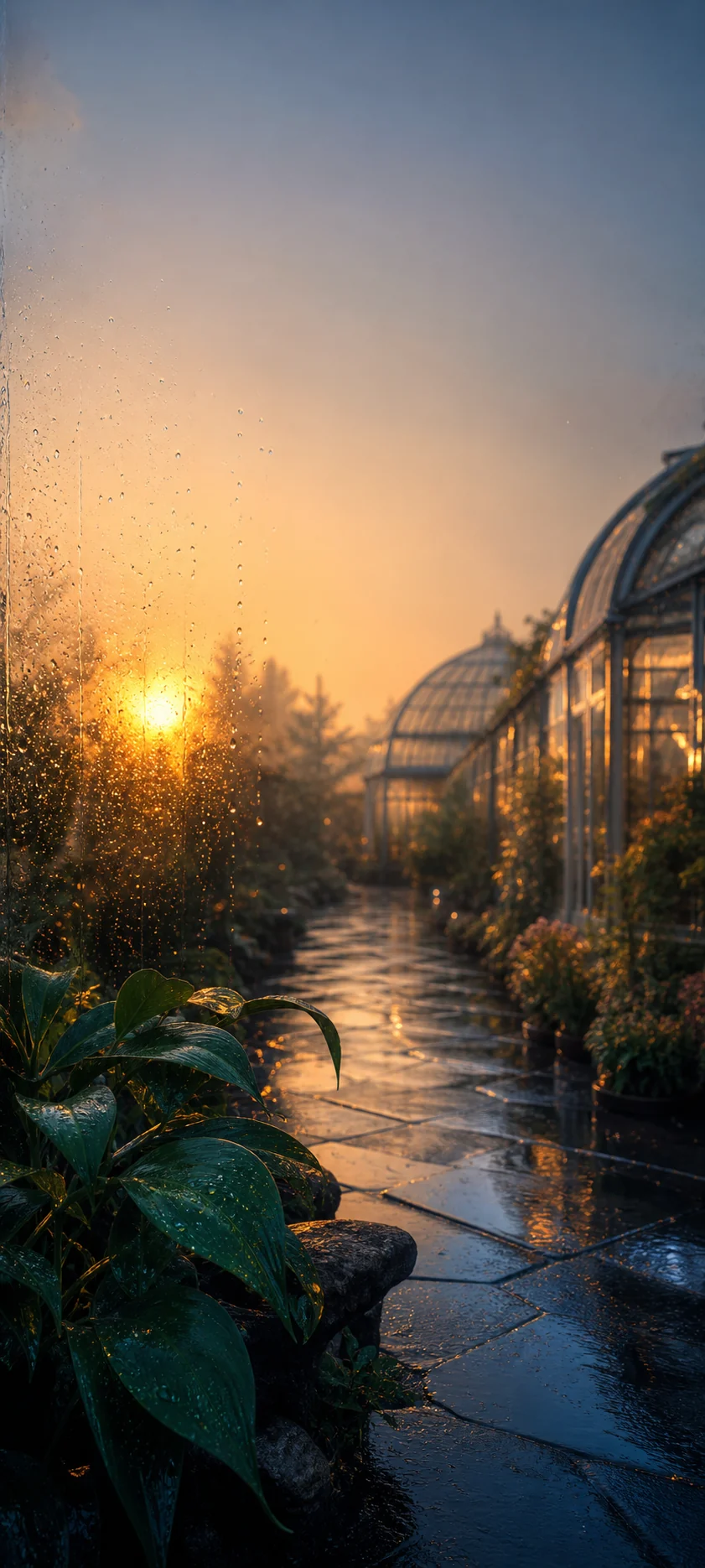 雨后玻璃温室暖色晨光手机壁纸,左下主体与中央纵深留白变体