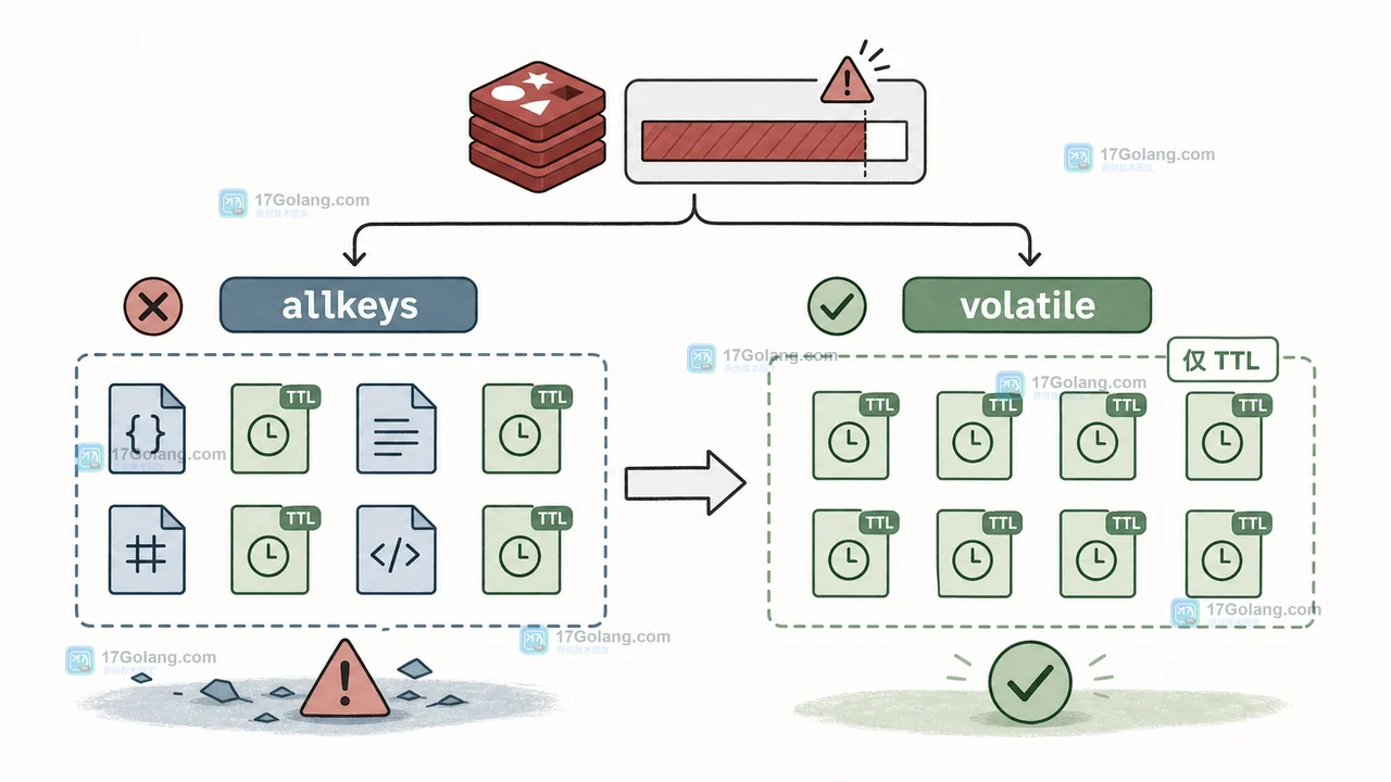 Redis 内存上限后,allkeys 与 volatile 两类淘汰候选范围的对照