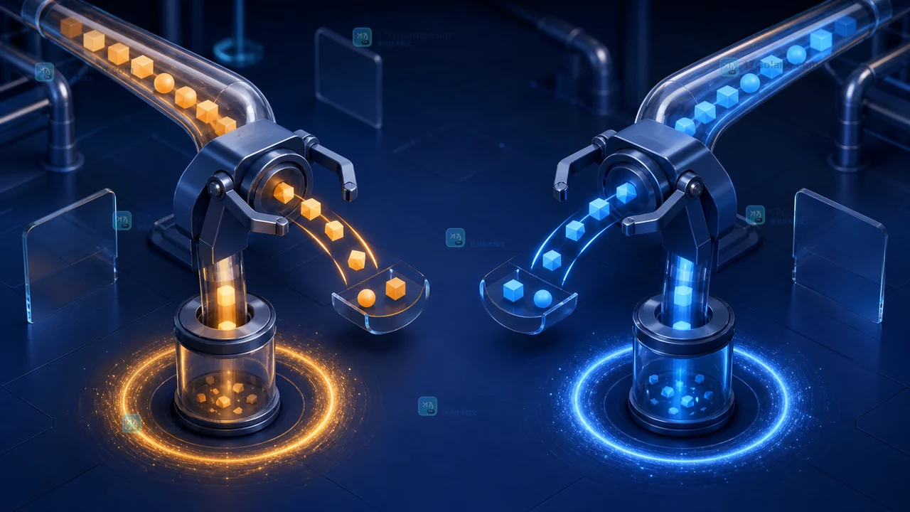 Go iter.Pull 使用 next 逐项读取并通过 stop 完成资源释放的示意