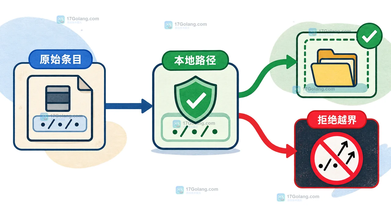 Go tar 条目从原始名称经过本地路径判断后进入安全写入边界的流程