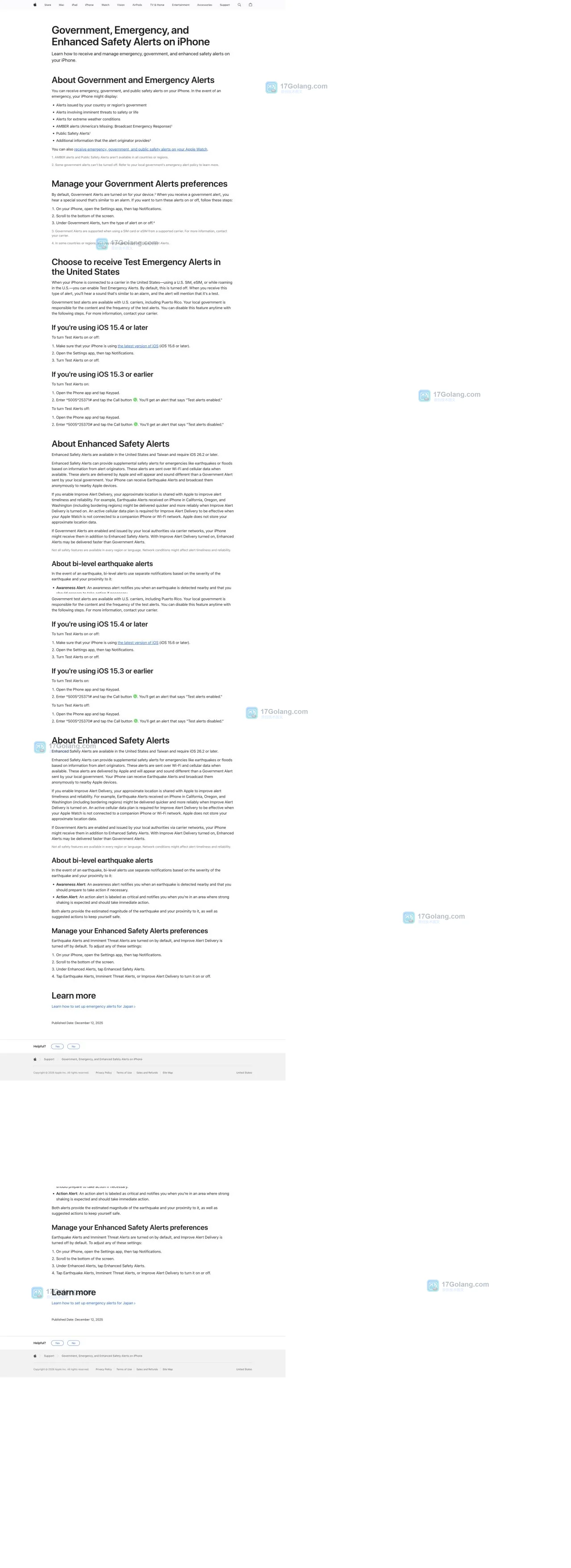 Apple 官方 iPhone 政府与紧急提醒页面,展示通知设置和地区运营商限制说明