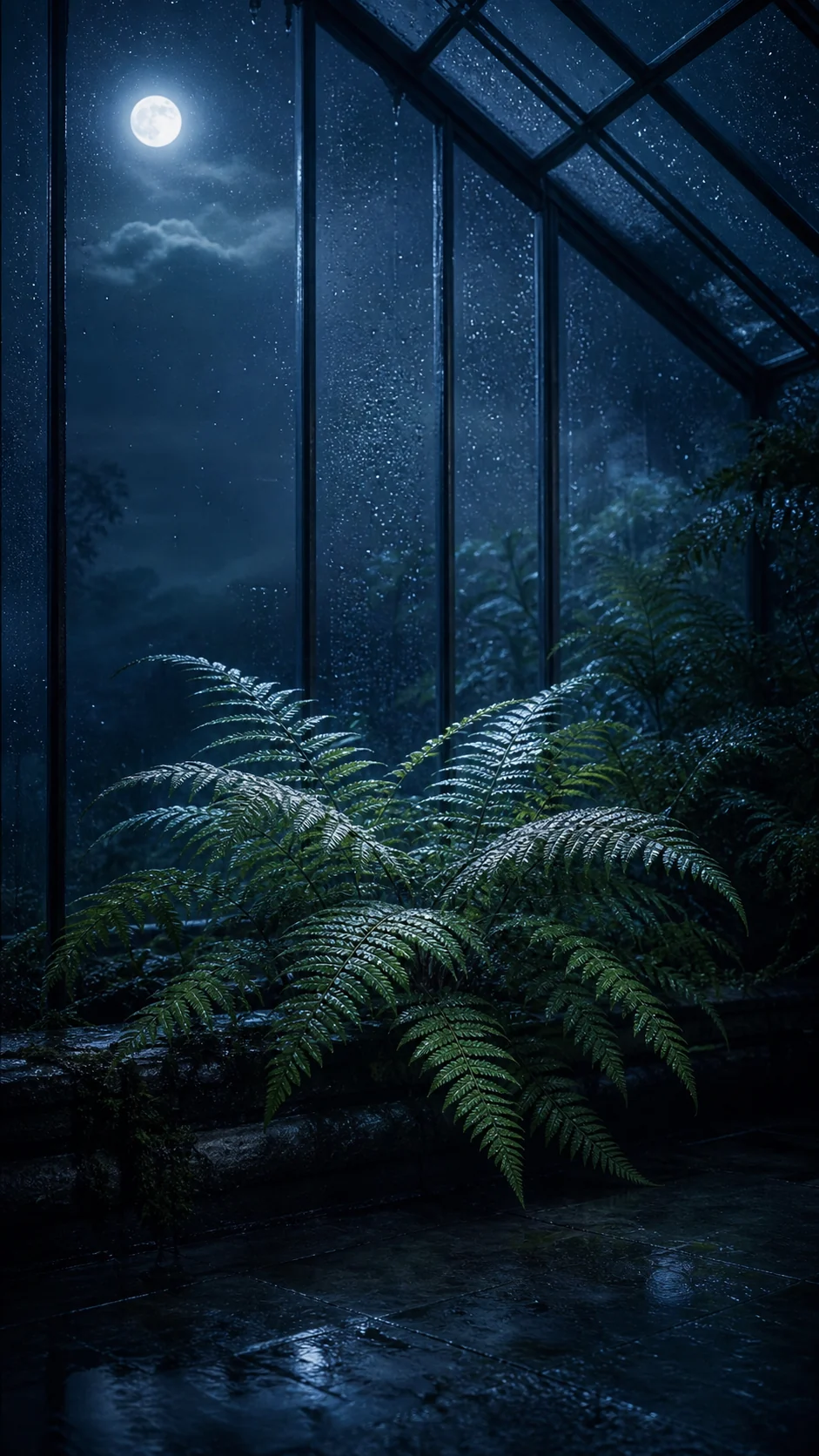 雨夜玻璃温室月光蕨类冷蓝主色手机锁屏壁纸,顶部保留时间区留白