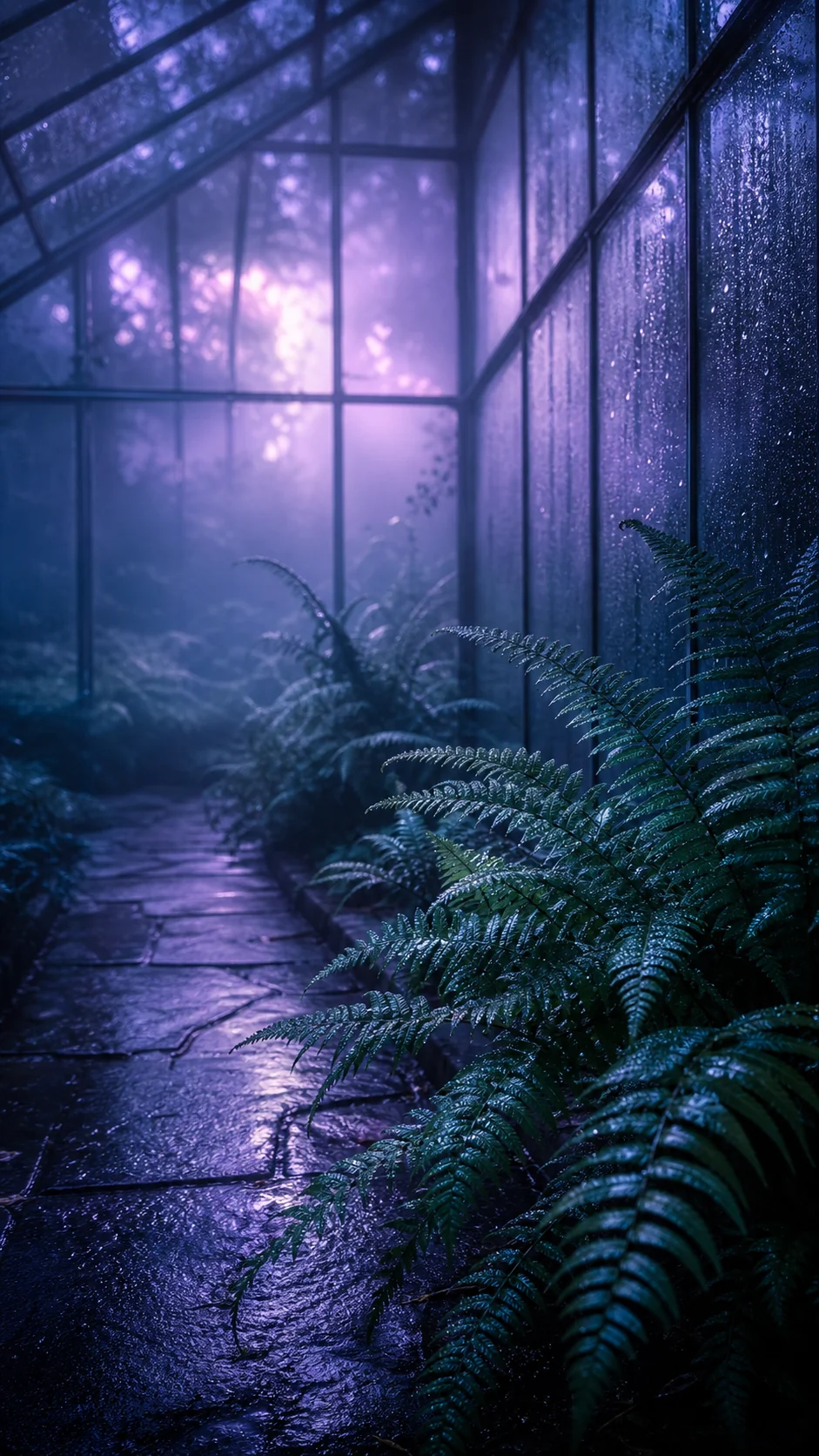 雨夜玻璃温室蓝紫雾气变体手机壁纸,主体位于右下并保留上方锁屏留白