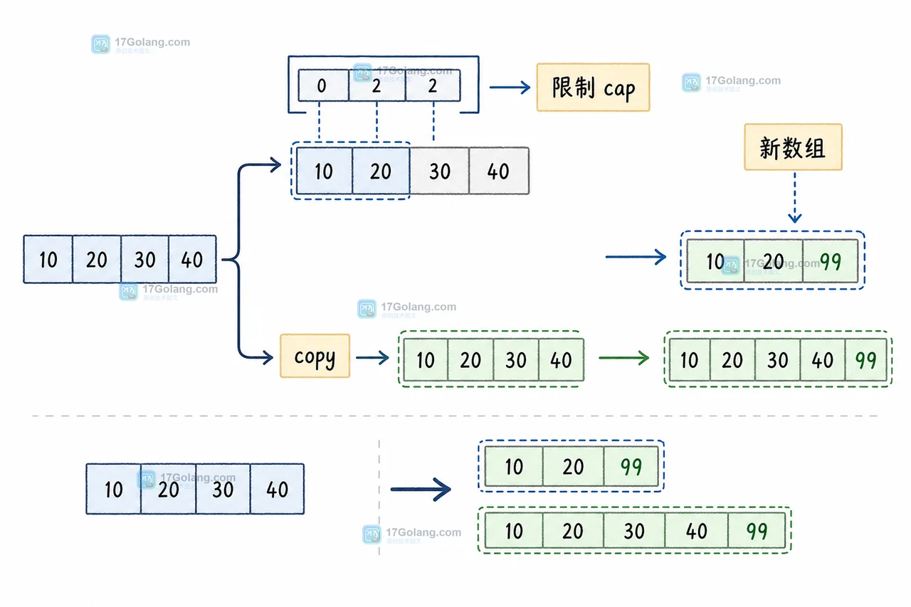 Go 切片三元切片限制 cap 与 copy 独立数组的安全边界对比