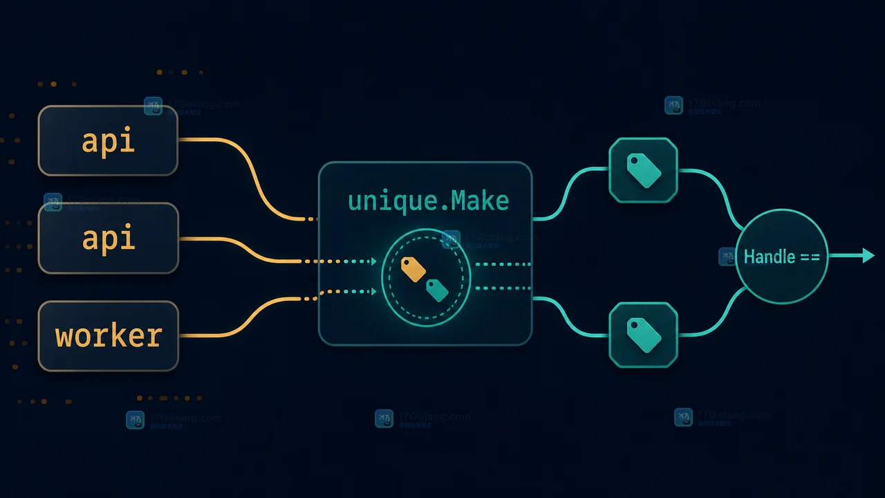 Go unique.Make 将重复字符串值汇聚为可比较 Handle 的前后对照示意图