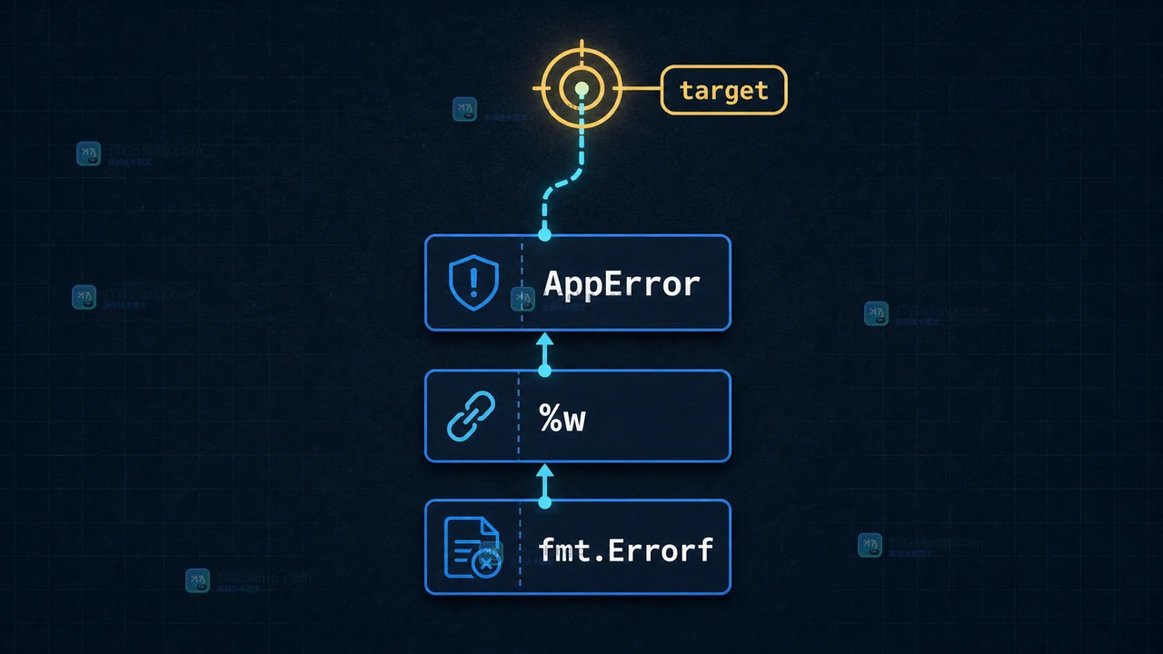 Go errors.As 沿着 %w 错误链查找自定义错误的示意图
