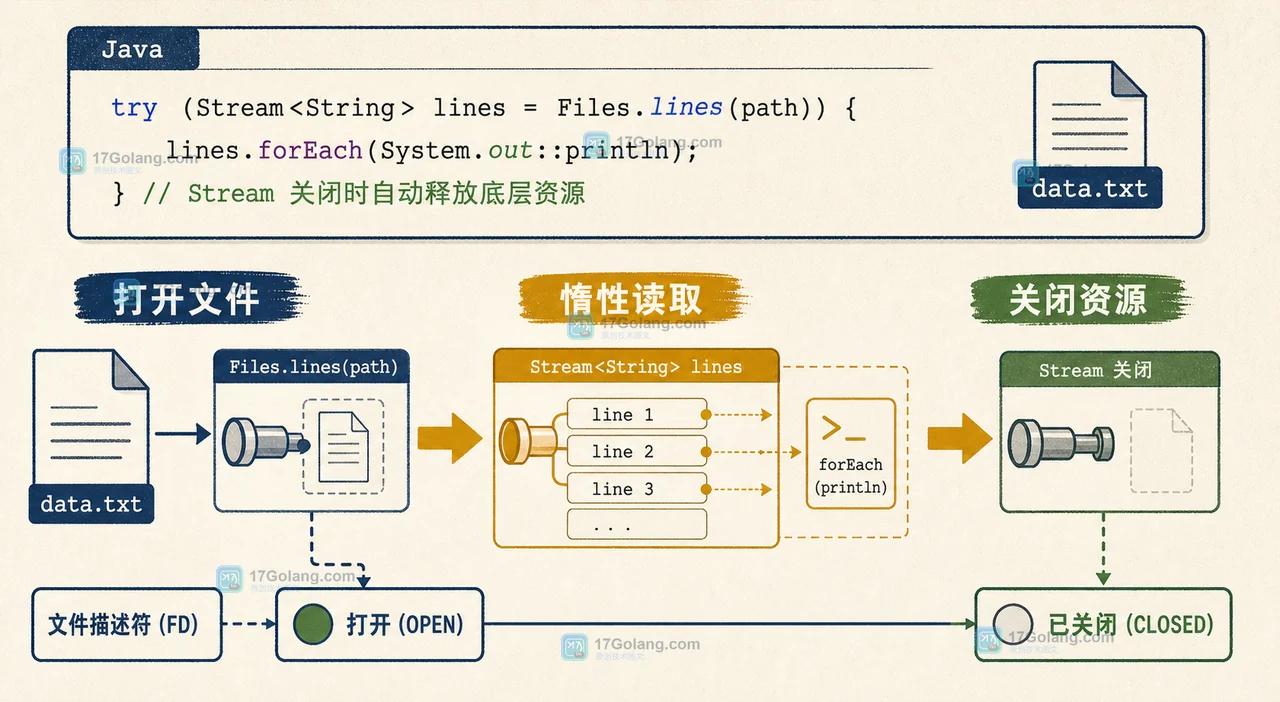 Java Files.lines 打开文件、惰性读取并在 Stream 关闭后释放句柄的生命周期