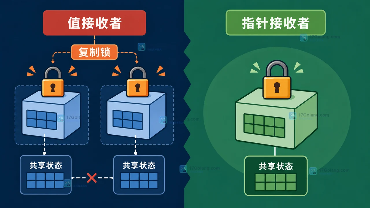 值接收者复制锁与指针接收者保持共享状态的对照示意图