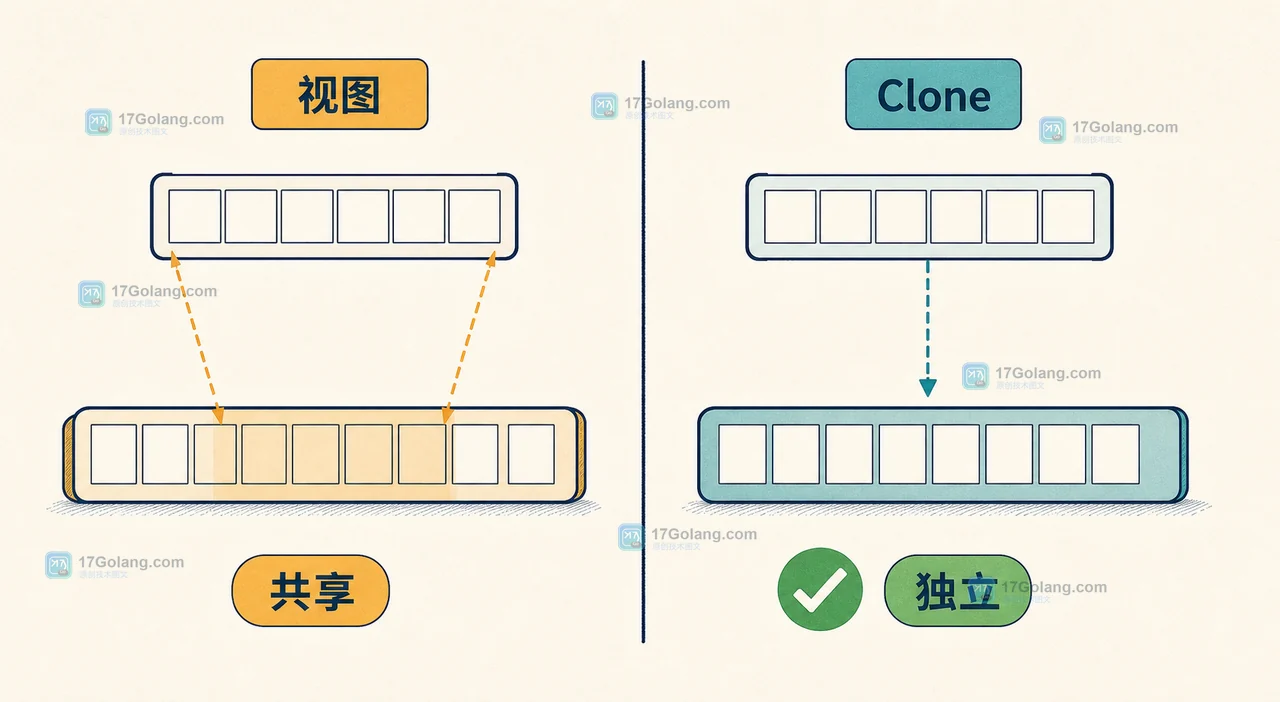 Go 切片视图与 slices.Clone 快照的共享和独立所有权边界对照