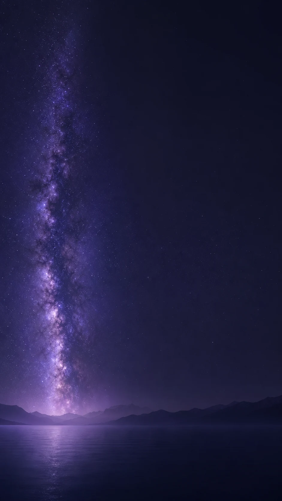 冷紫星云手机锁屏壁纸,纵向星云与平静湖面形成明显不同的构图变体