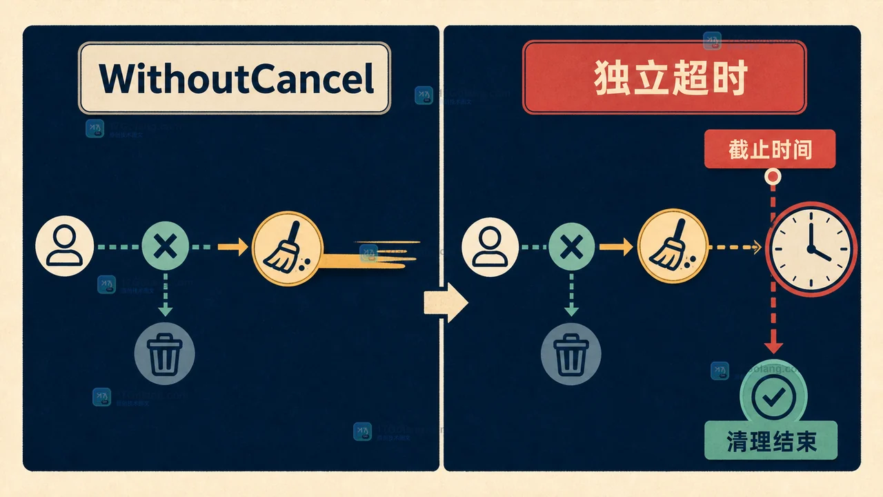 Go 收尾任务的独立超时验收:WithoutCancel 保留请求值,WithTimeout 在截止时间到达后结束清理