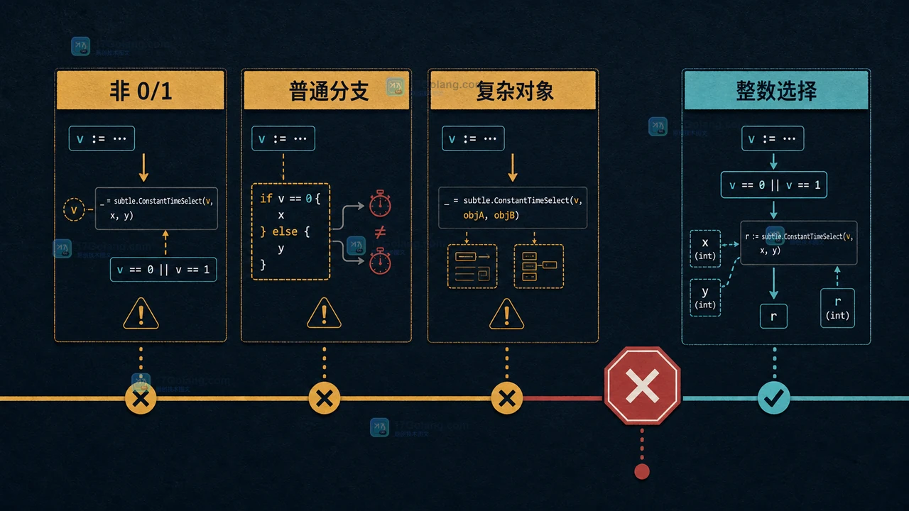 Go ConstantTimeSelect 的参数归一化、分支残留和复杂对象误用对照图