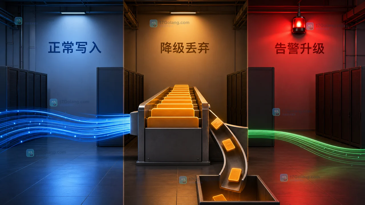 Python 日志队列从正常写入到降级丢弃再到告警升级的满载处理路径示意图
