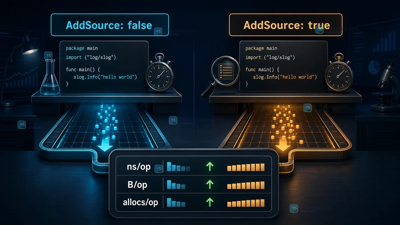 Go slog AddSource 基准对比中 CPU、分配与输出体积的关系