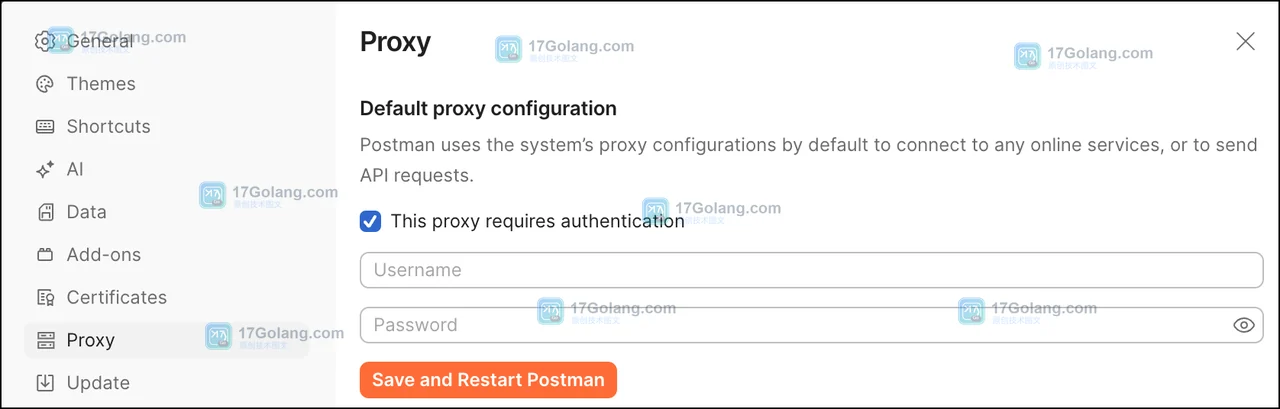 Postman Settings Proxy 页面，显示代理认证入口和 Save and Restart Postman 按钮