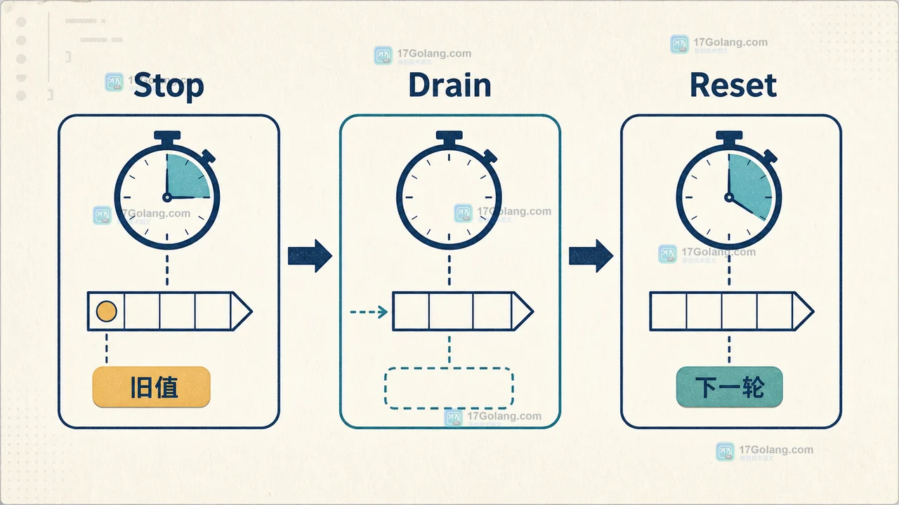 Go timer Stop Drain Reset 复用状态检查示意图