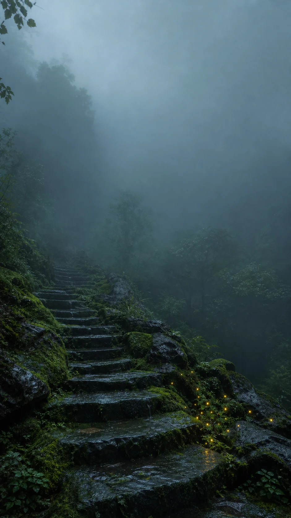 雨后青绿苔藓石阶与右下萤火微光的竖屏手机壁纸主图,上方保留锁屏留白