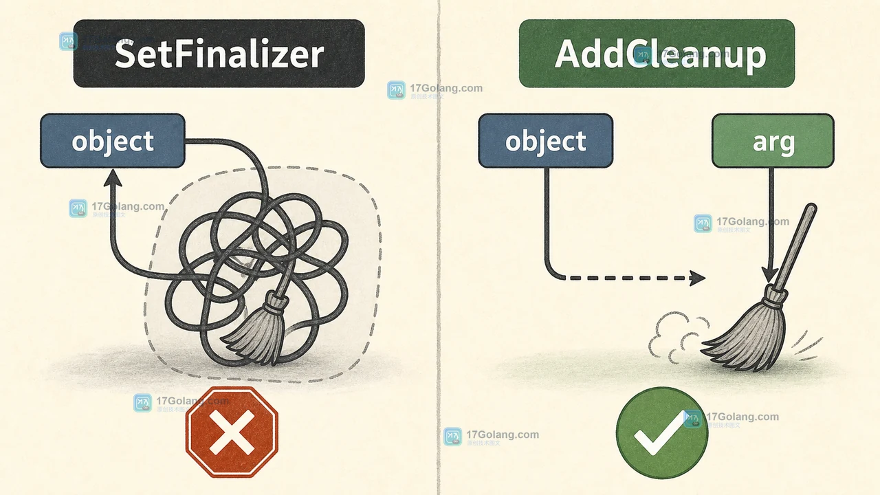 SetFinalizer 与 AddCleanup 的边界：对象指针路径和独立清理参数路径对照
