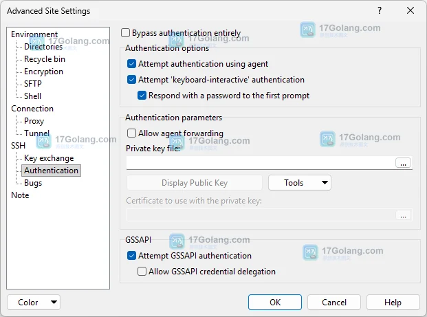WinSCP 官方 Authentication 页面中配置 Private key file 与认证代理选项