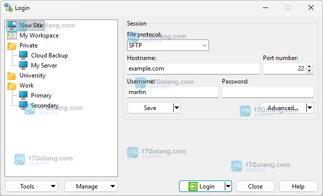 WinSCP 官方 Login 对话框中的 SFTP 协议、主机、端口与用户名设置