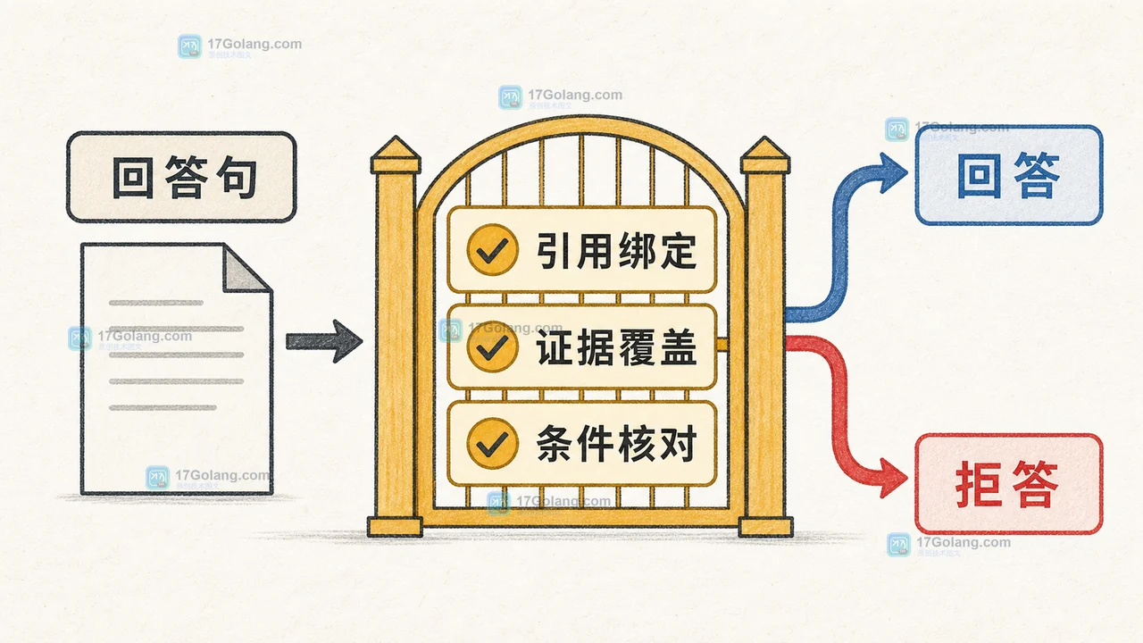 RAG 回答句经过引用绑定、证据覆盖检查后进入回答或拒答分支的工程插画