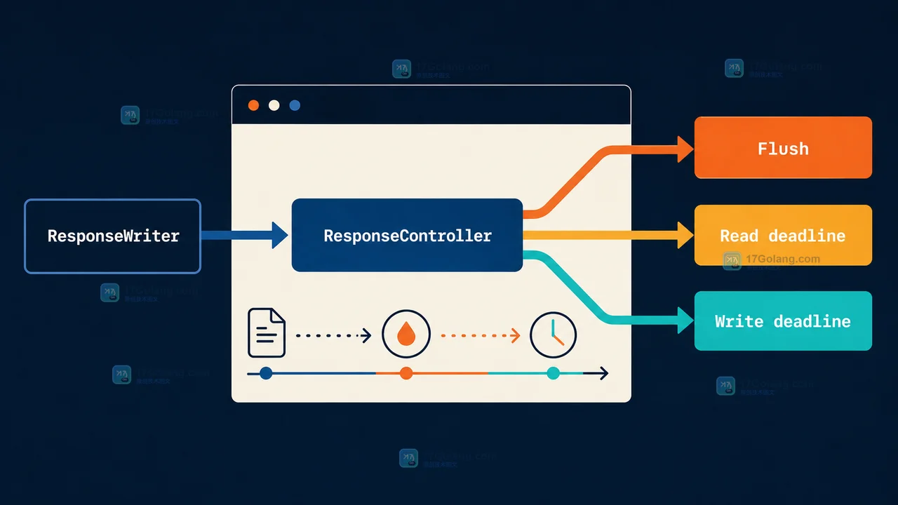 Go ResponseController 将 ResponseWriter 连接到 Flush、读写超时和全双工能力的二维工程示意