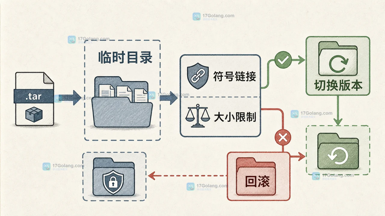 Go tar 解压先写临时目录,拒绝符号链接后验收并原子切换,失败时回滚旧目录的工程流程图