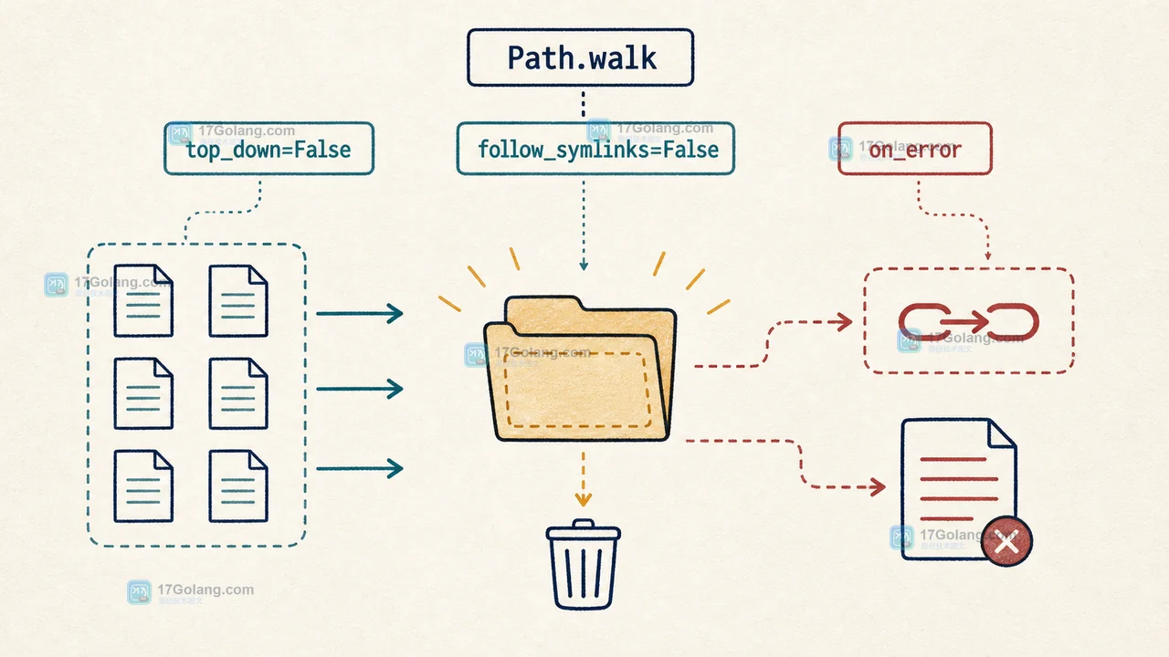 Python Path.walk 自底向上处理文件和空目录，符号链接进入跳过记录，失败项写入日志