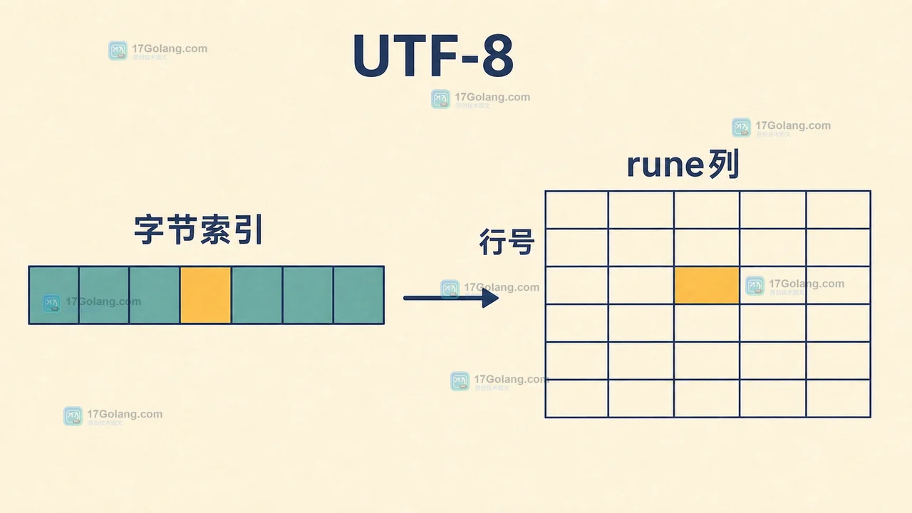 Go UTF-8 JSON 错误位置中字节偏移与 rune 行列换算边界的前后对比插画