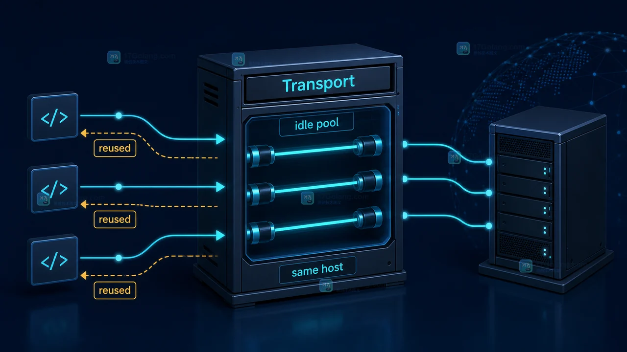 Go http.Transport 复用同一主机空闲连接的池化示意图
