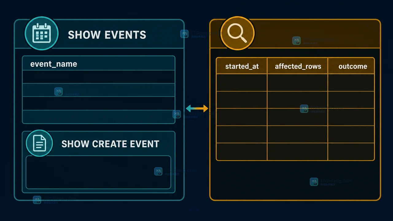 MySQL 事件元数据与 event_run_log 执行记录对照,区分计划状态和业务结果