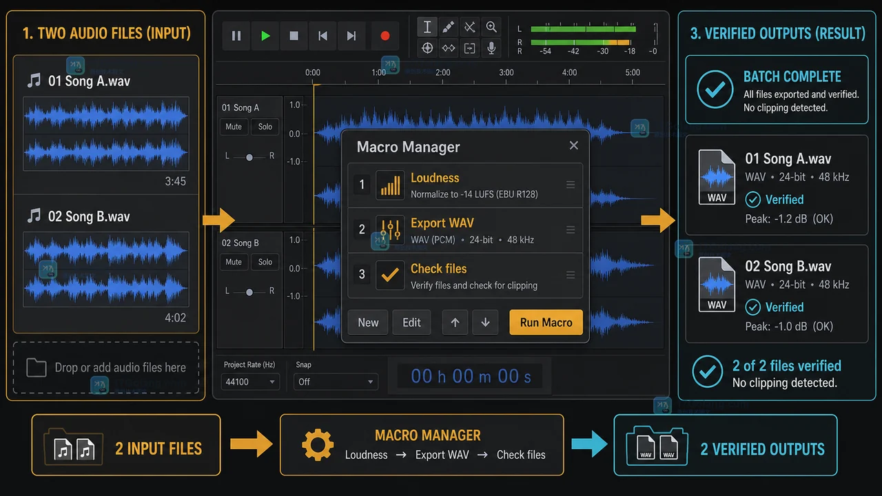Audacity Macro Manager 批量导出音频并核对文件名与处理结果