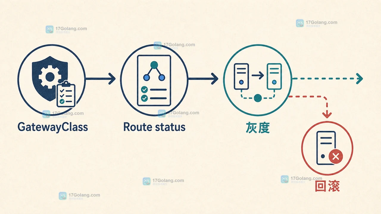 Gateway API v1.6 迁移评估中核对 GatewayClass、路由状态、灰度验证与回滚边界的二维工程插画