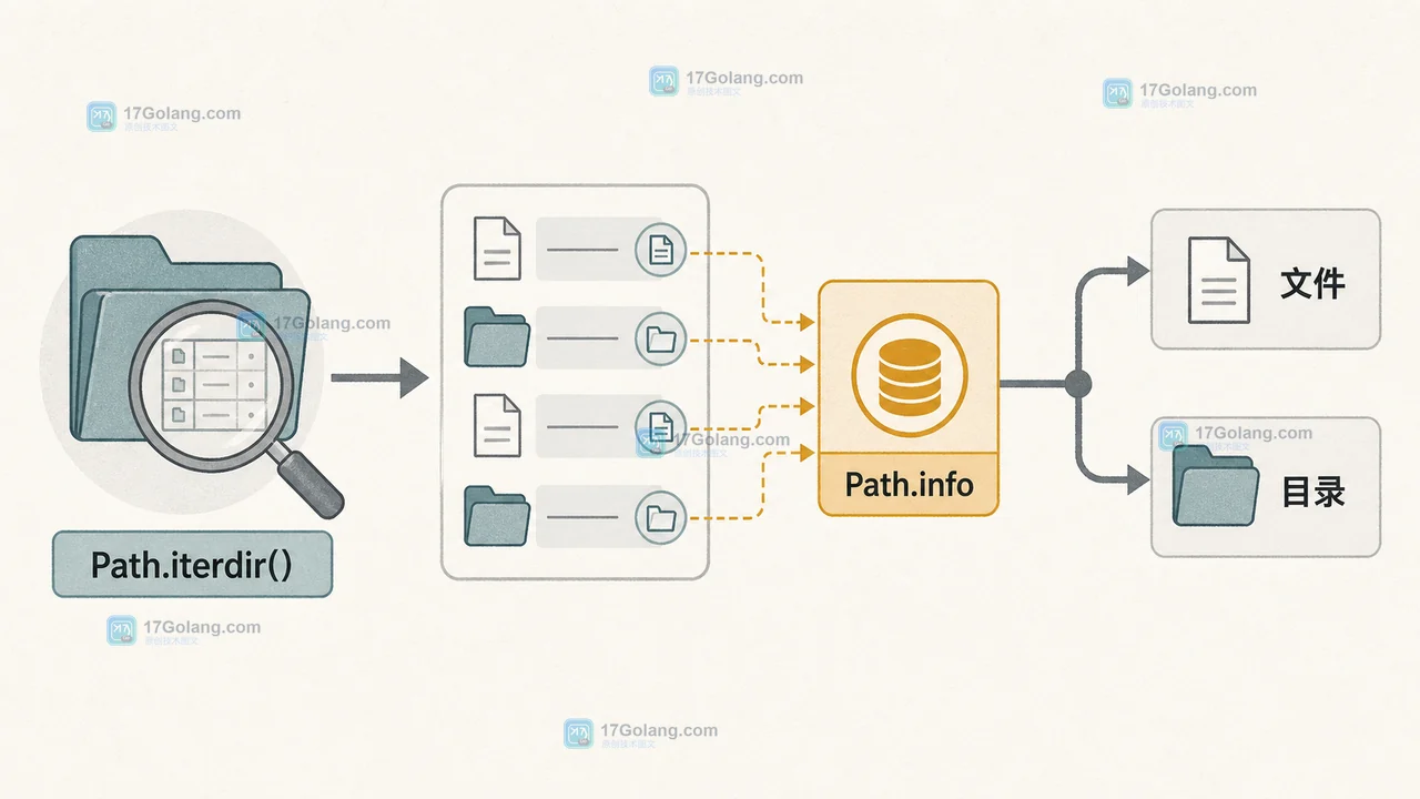 Python pathlib Path.iterdir 与 Path.info 复用目录类型信息并完成文件分类的工程示意图