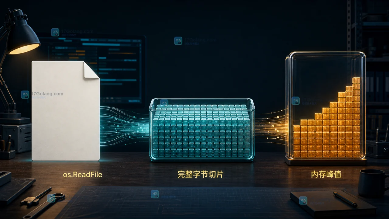 Go os.ReadFile 一次性载入大文件导致内存峰值上升的真实技术插画