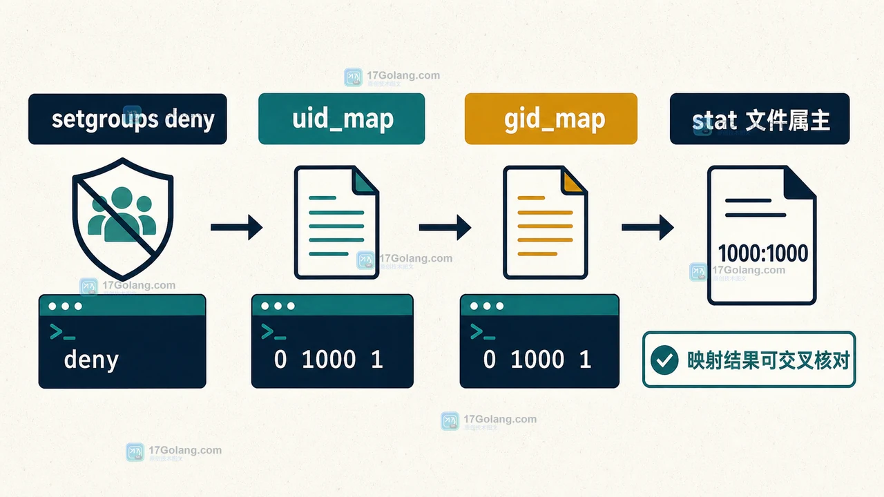 Linux user namespace 核验路径，从 setgroups 到 uid_map、gid_map 再到文件属主检查