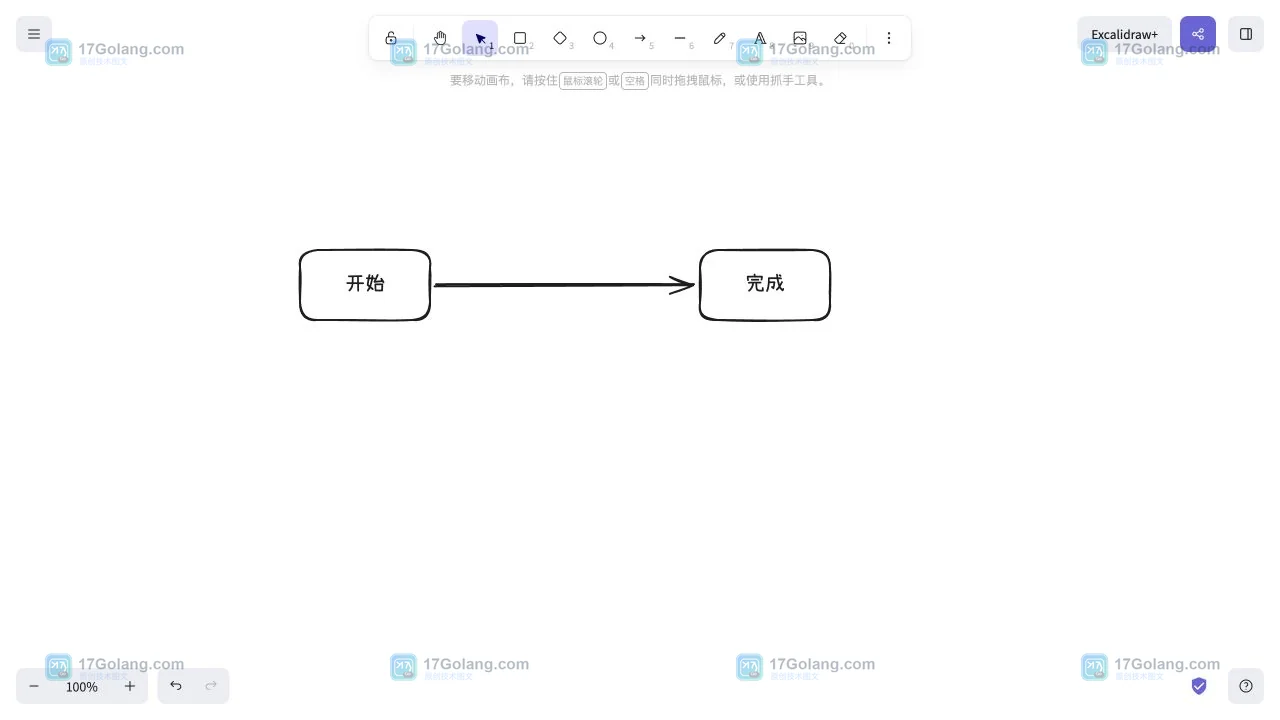 Excalidraw 画布完成开始到完成流程图并取消元素选中的界面