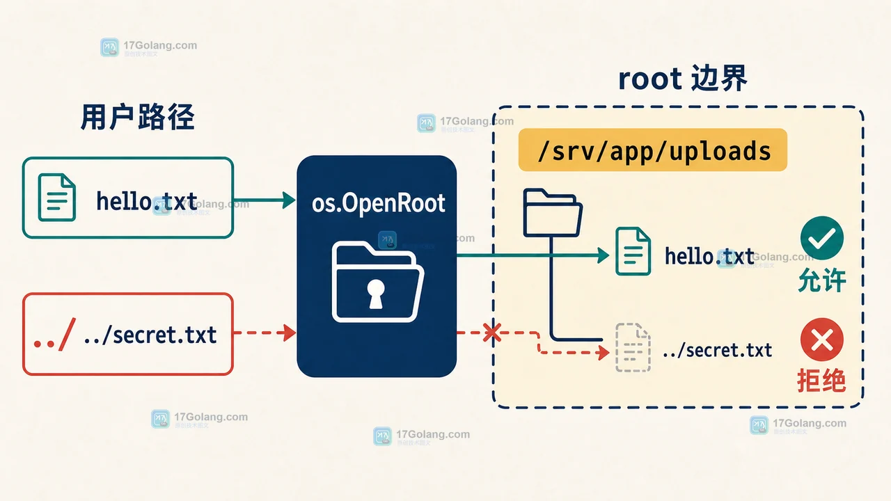 Go os.OpenRoot 将用户相对路径限制在 root 目录内的技术插画