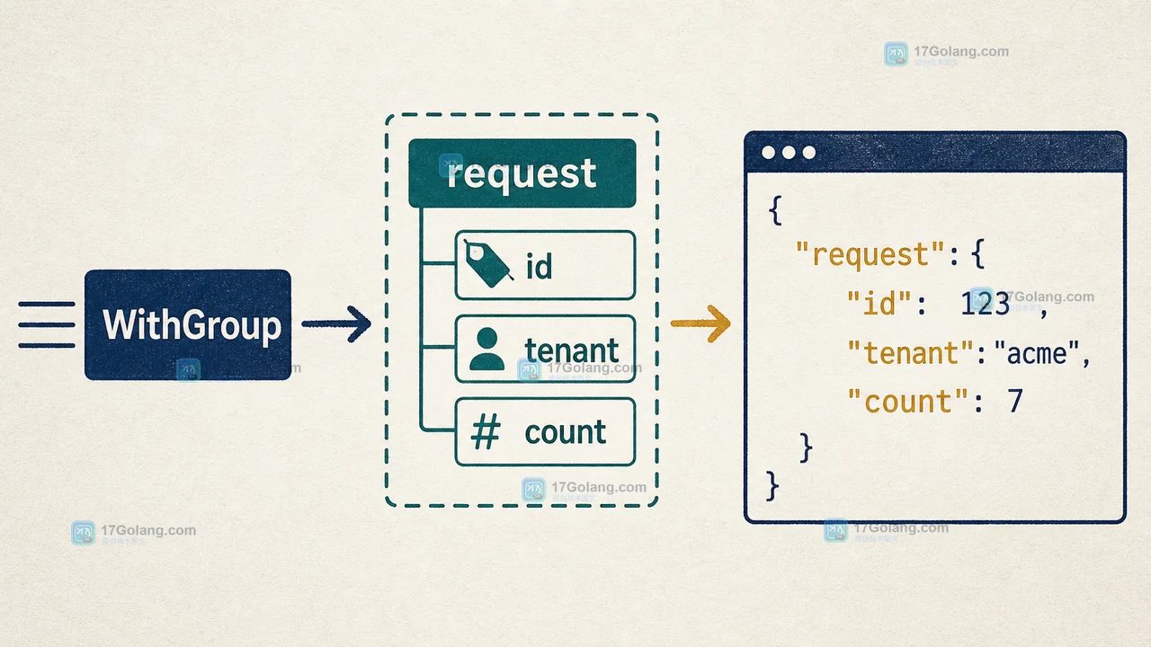 Go slog WithGroup 将 id tenant count 收入 request 分组并输出 JSON 层级的二维编辑插画