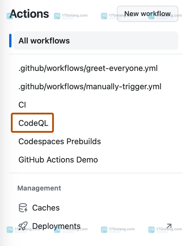GitHub 官方文档中的 Actions 工作流列表，确认已进入仓库的工作流入口
