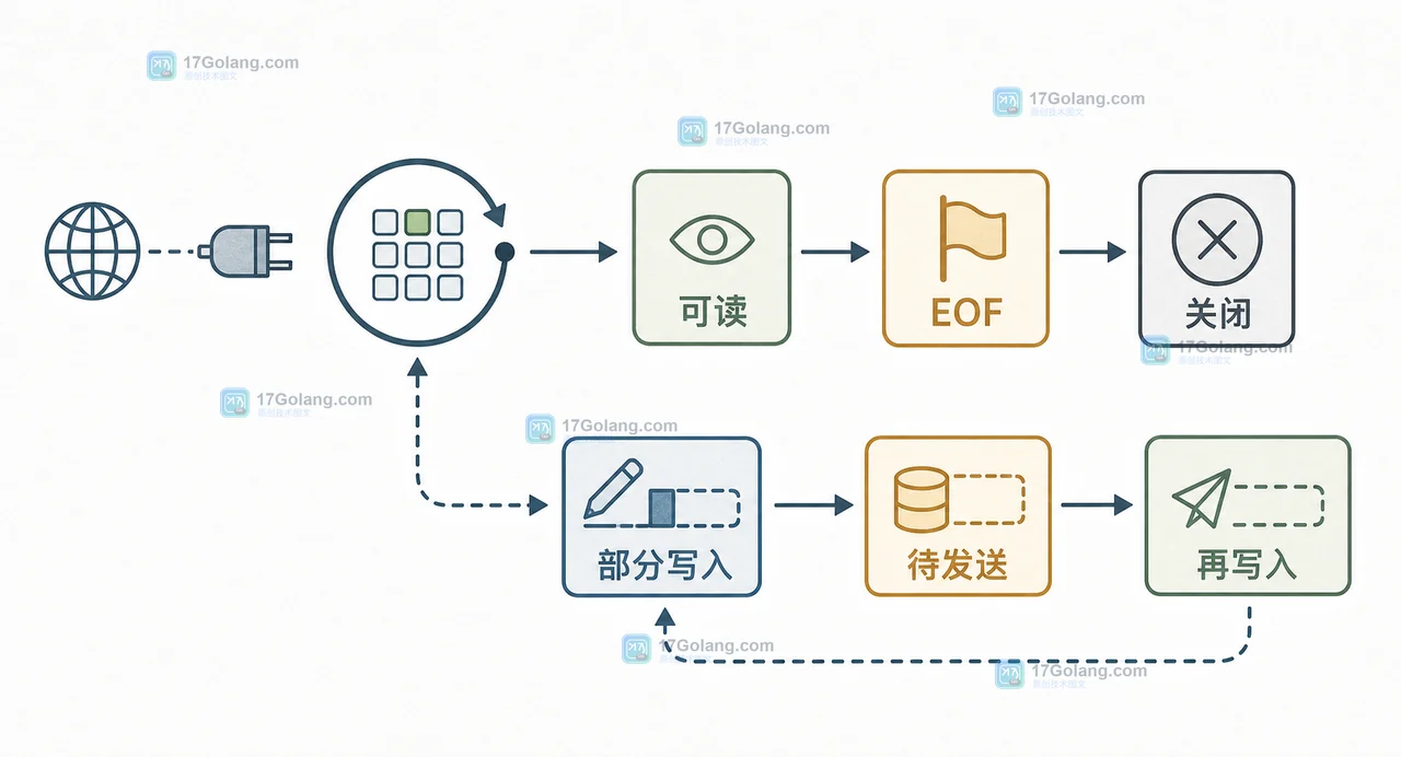 PHP stream_select 读事件遇到 EOF 后关闭连接，同时把非阻塞写入的部分结果留在待发送缓冲区
