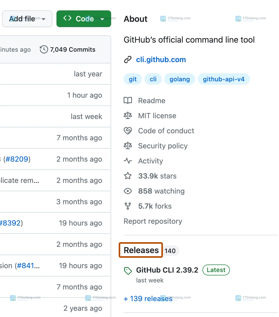 GitHub 官方文档中的仓库主页,Releases 入口被标出