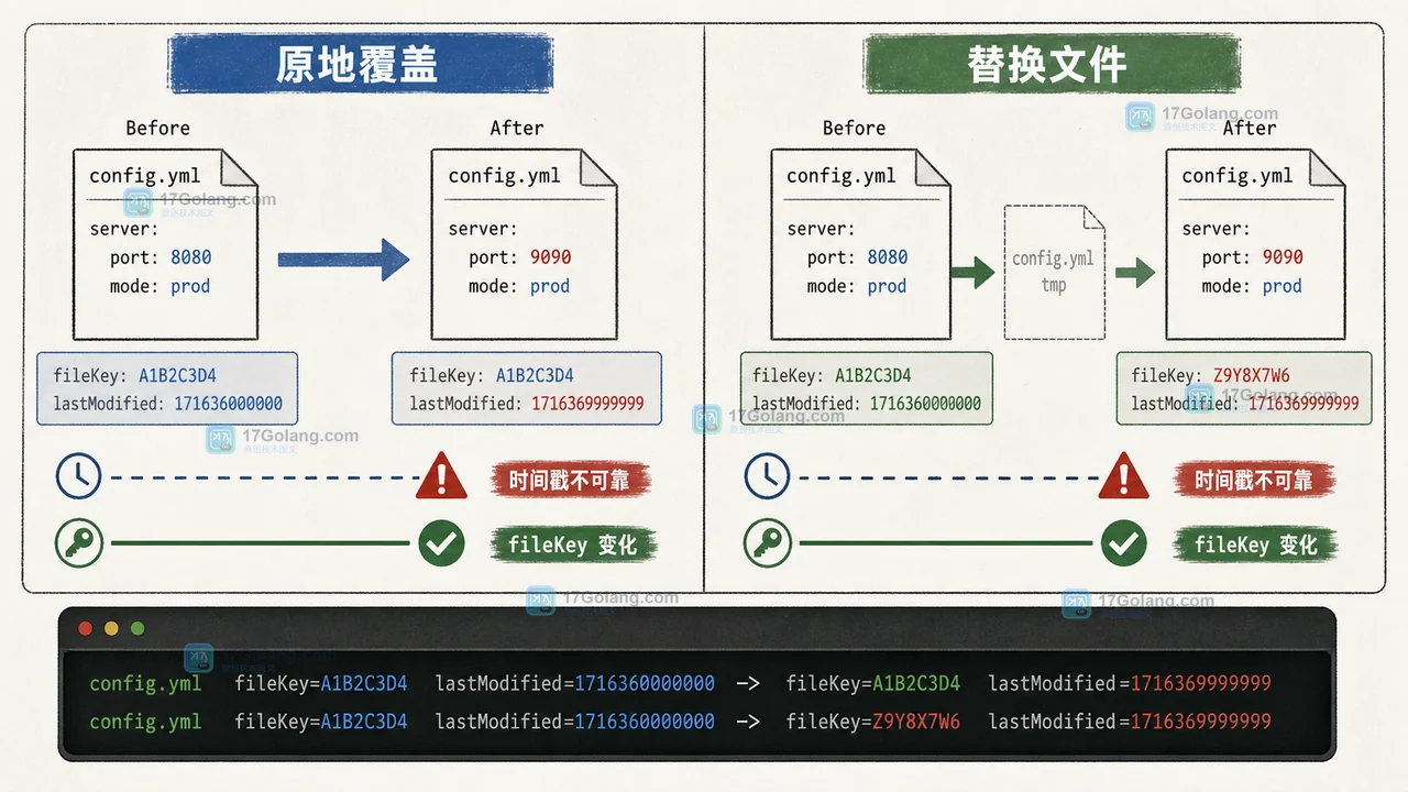 Java 配置文件原地覆盖与替换文件的 fileKey 和时间戳判断边界