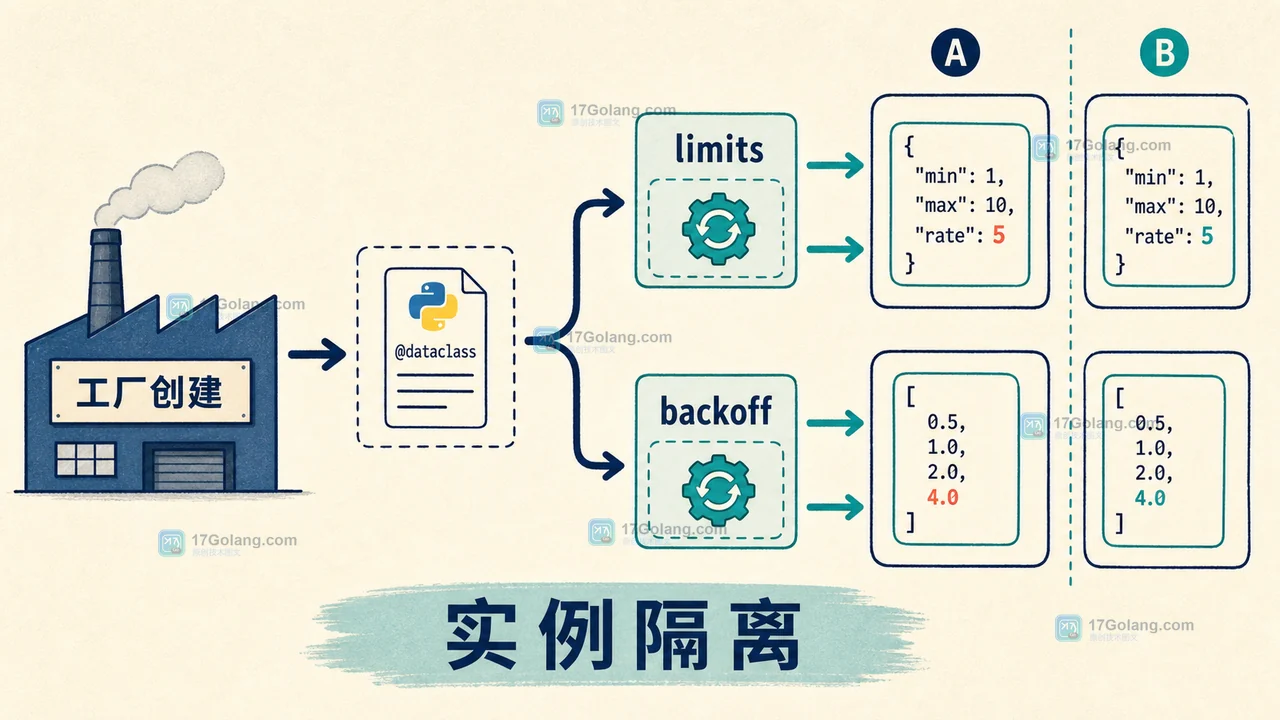 Python dataclass 用两个 default_factory 分别创建独立 limits 字典和 backoff 列表,修改实例 A 不影响实例 B