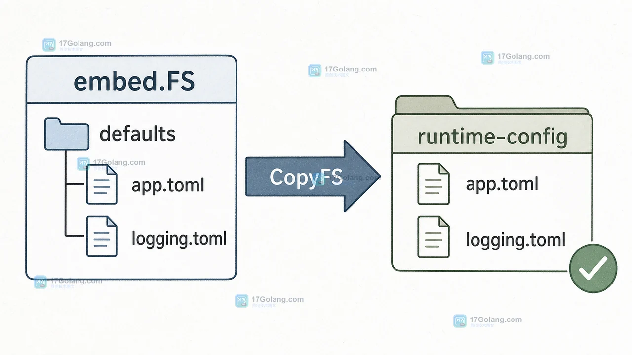 Go os.CopyFS 将 embed.FS 中的 defaults 配置复制到 runtime-config 磁盘目录的因果链