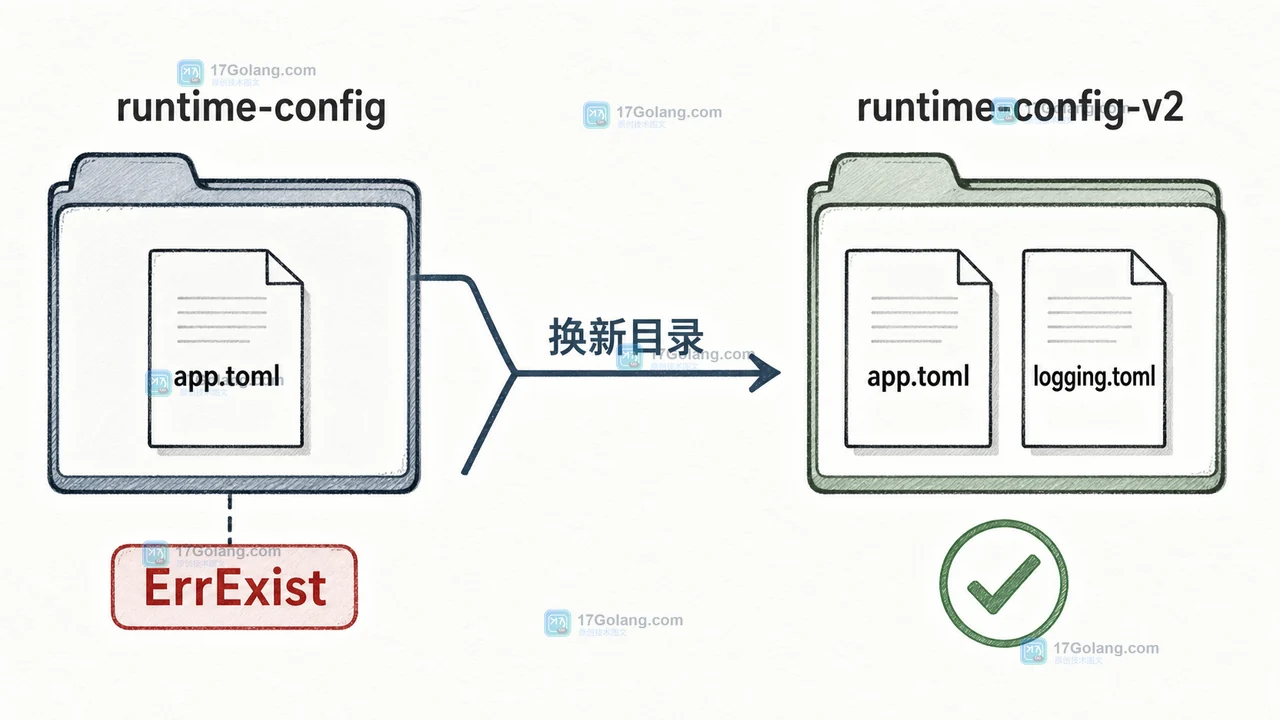 Go os.CopyFS 第二次复制遇到已有 app.toml 后进入 ErrExist 分支并切换到新版本目录