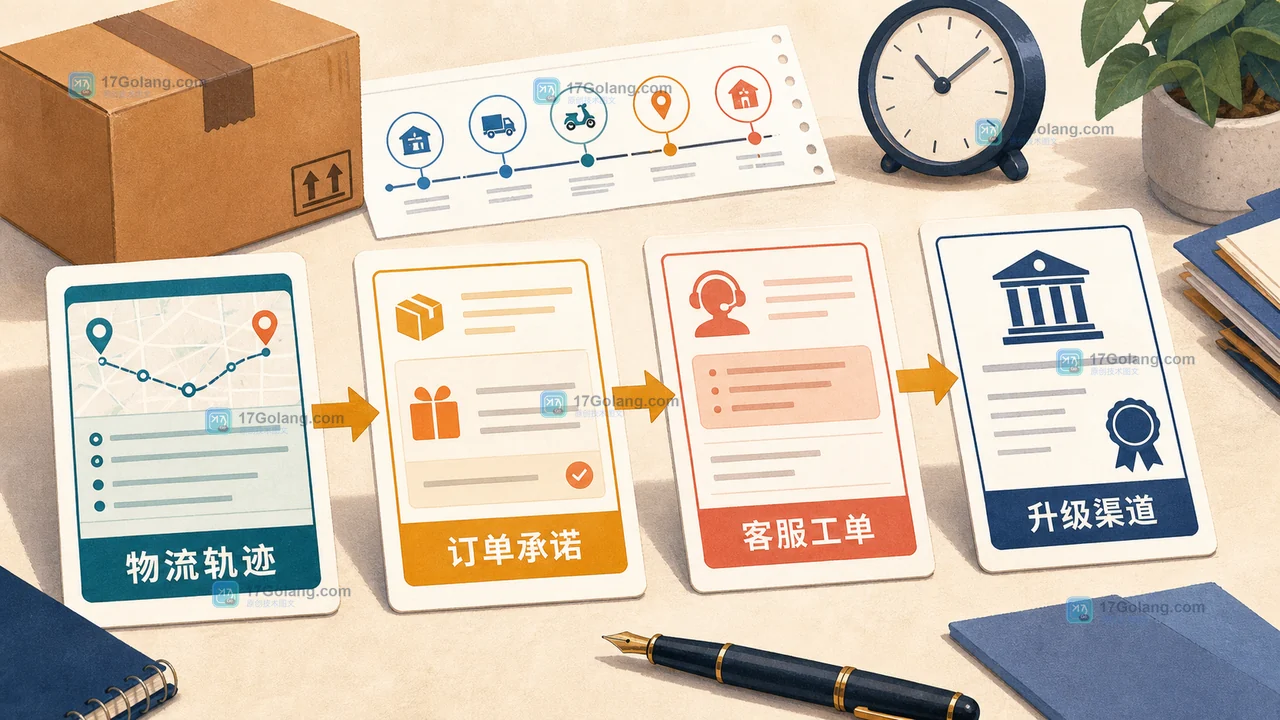 快递物流截图、客服工单与订单承诺组成的处理证据链示意图
