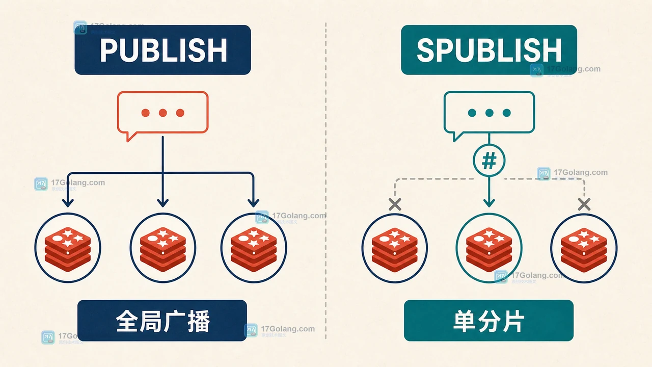 Redis SPUBLISH 与普通 PUBLISH 的消息扩散范围对比,分片频道只沿对应槽位传播
