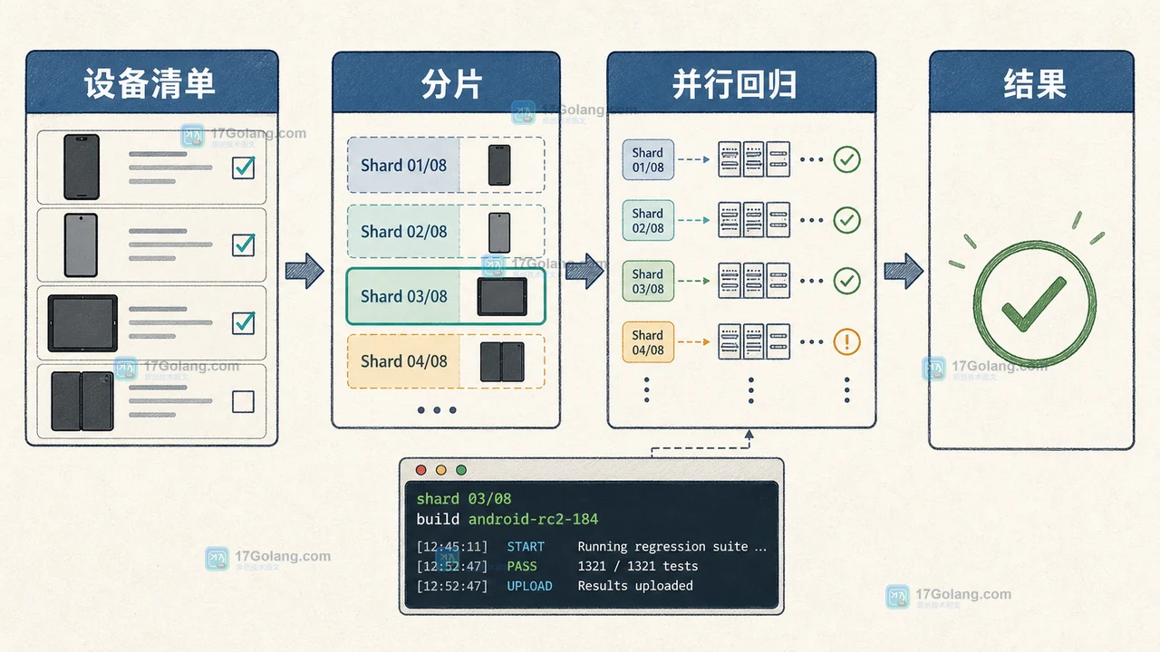 Google Developer Device Platform 用 Device Catalog 划分设备并行运行移动端回归的工程示意